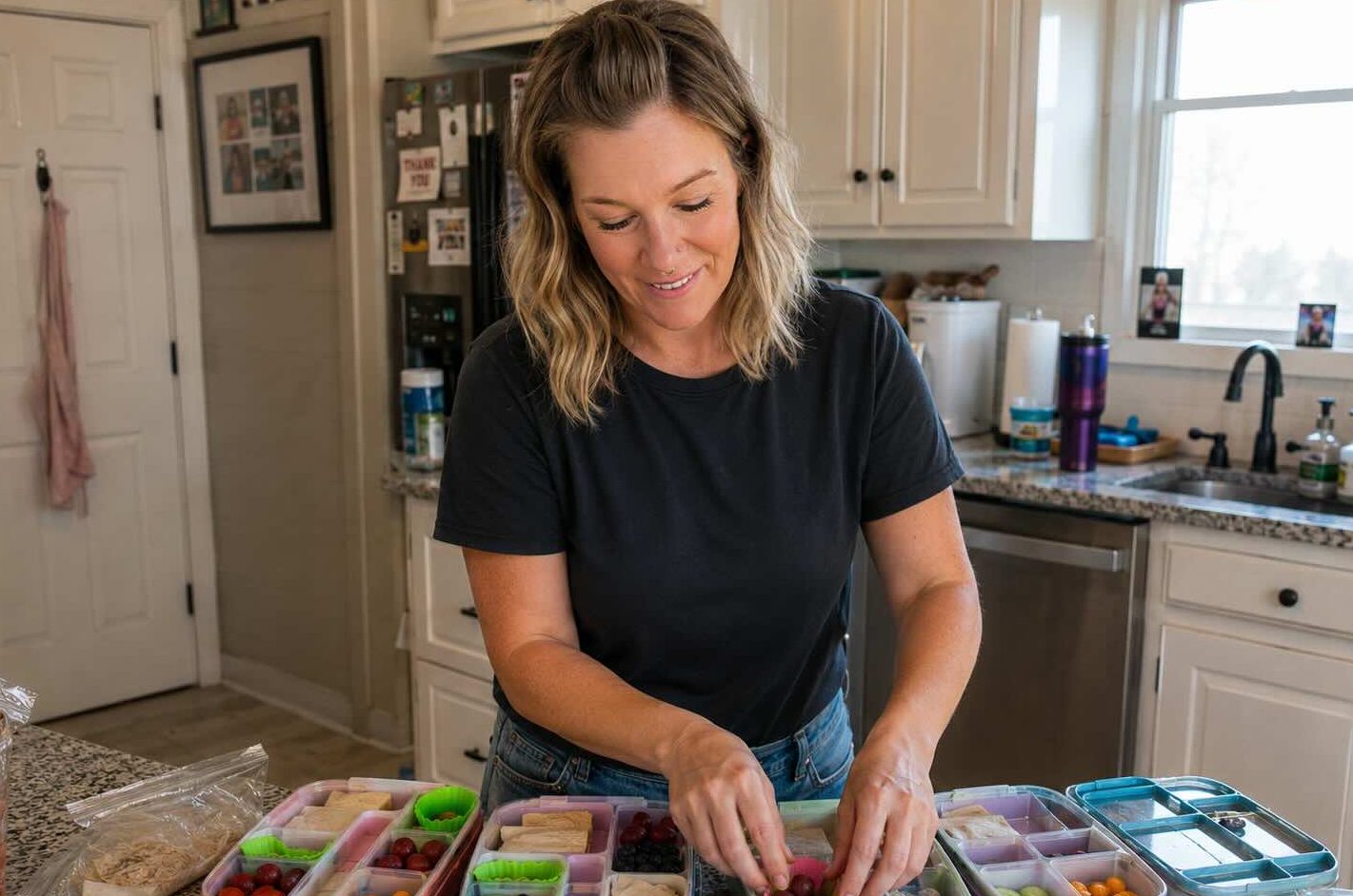 Woman packing colorful bento lunch boxes in a real-life family kitchen with organized snacks, routines, and everyday mom life.