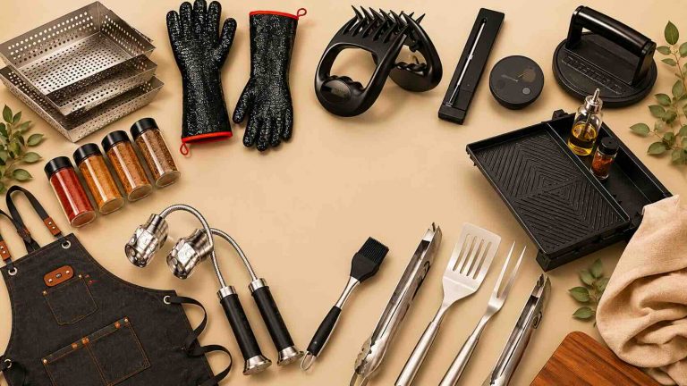 various grilling accessories laid out in a circle