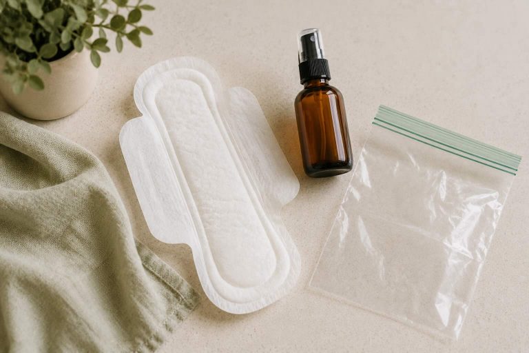 postpartum pad, spray bottle and freezer bag