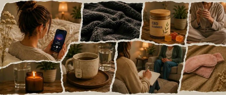 collage of different items and ideas to help anxiety at night