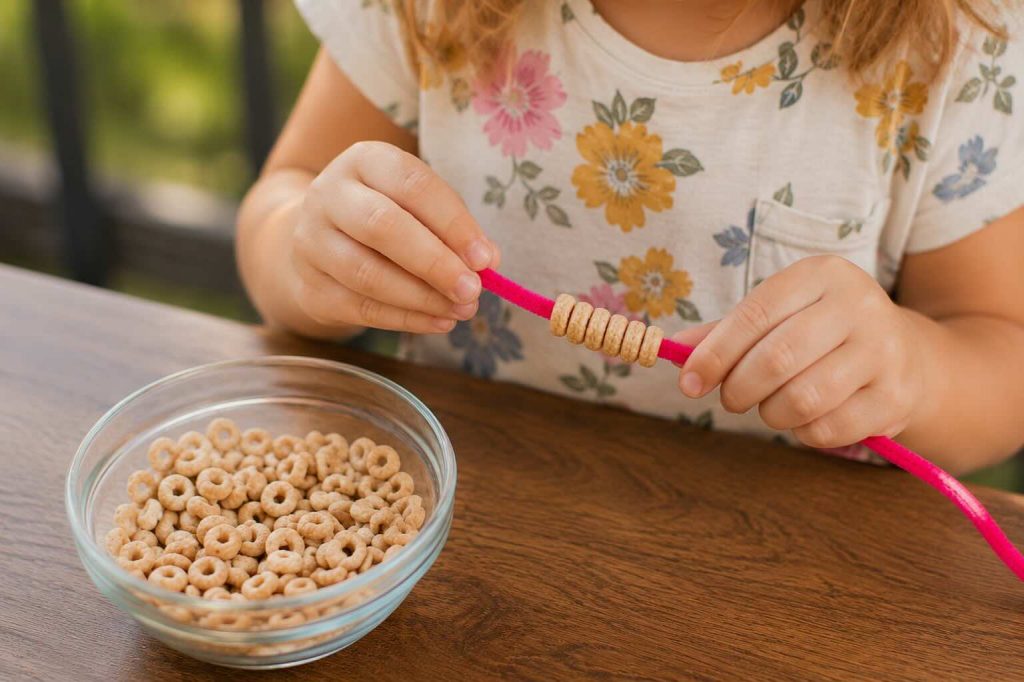 child playing with pipe cleaners and cereal
