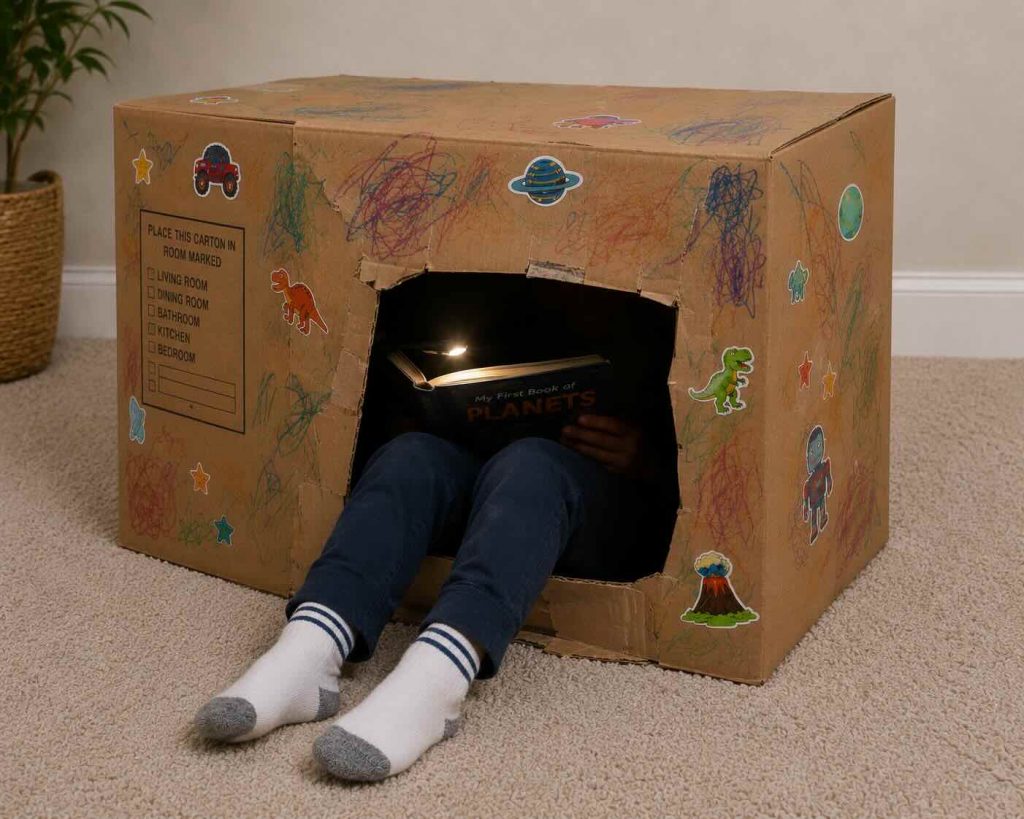a box drawn on with kid art that is a reading nook