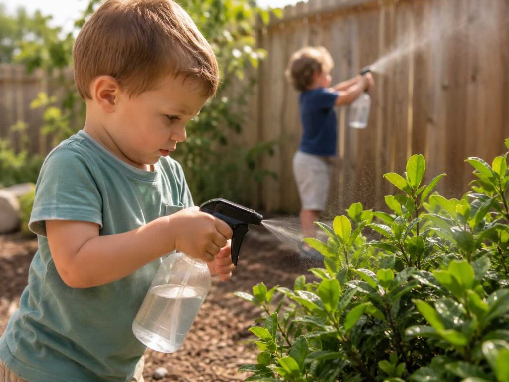 kids playing with spray bottles