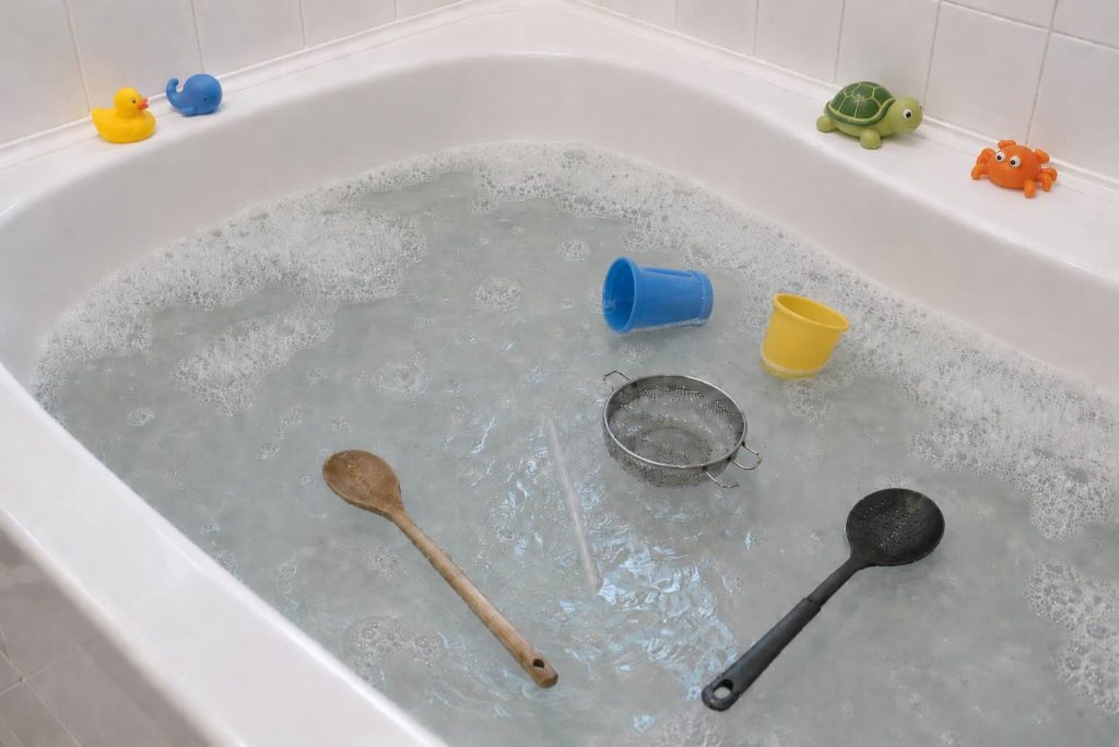 bath toys in a bubble bath