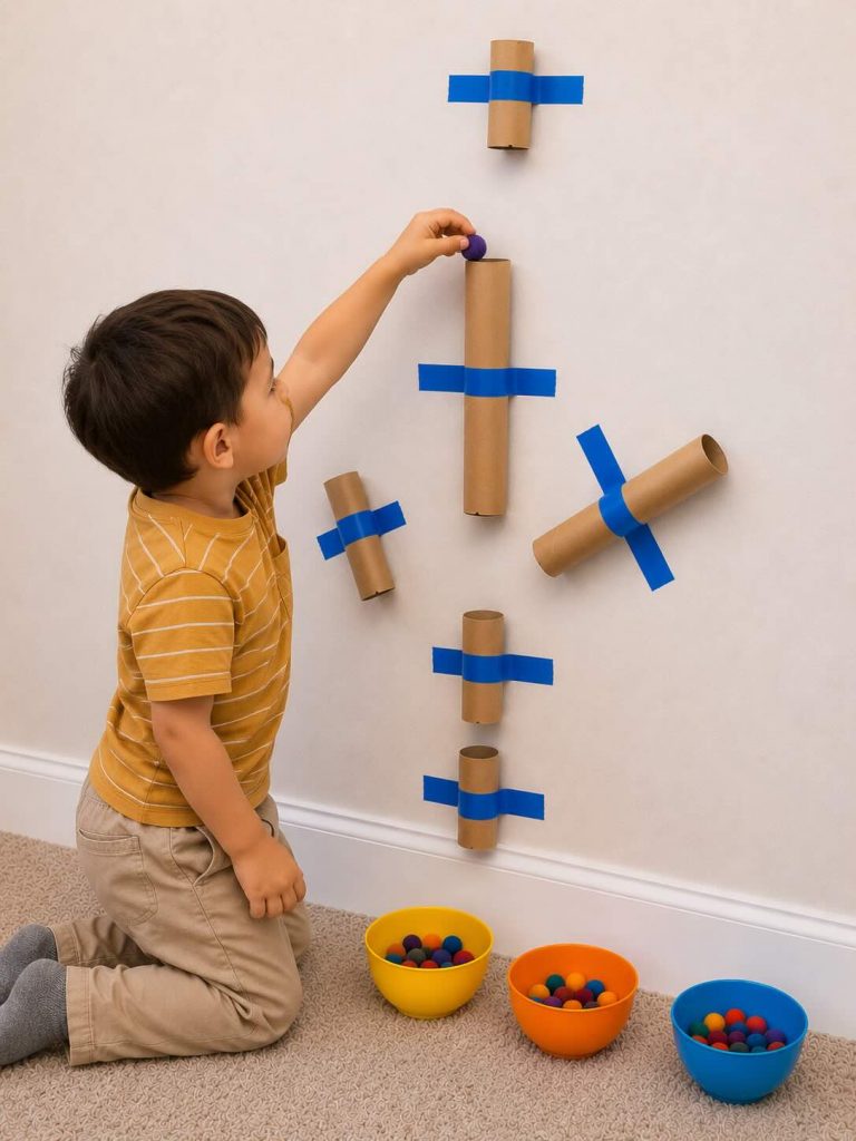 child playing with paper towel tubes on wall with pom poms
