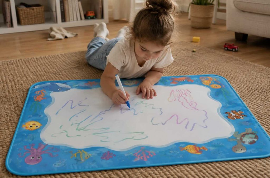 a kid playing on a water mat drawing pictures