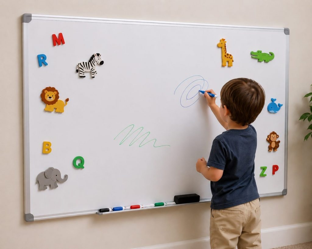 a child writing on a white board