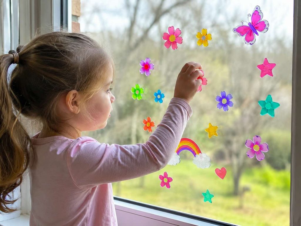 child putting window clings on a window